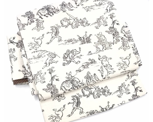 美品 ファブリック 鳥獣戯画 軽装 作り帯 生成り 名古屋帯 二部式 和装