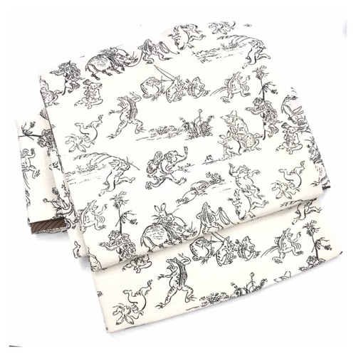 美品 ファブリック 鳥獣戯画 軽装 作り帯 生成り 名古屋帯 二部式 和装