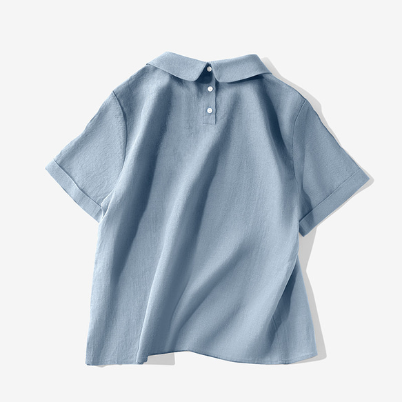 領子設計增添成熟感 圓領亞麻襯衫 短袖 淺藍色 230708-2 第7張的照片