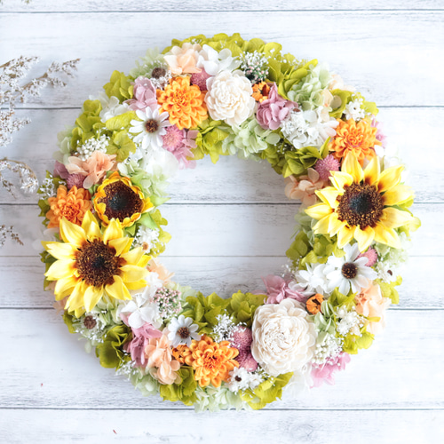 レモン&オレンジのナチュラルグリーンリース＊三日月型＊誕生日・結婚