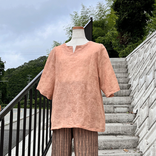 柿渋染め麻シルク綿プルオーバー23060