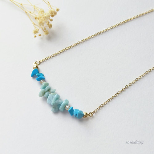 ラリマー・練りターコイズのさざれネックレス 天然石 ♪14 ネックレス