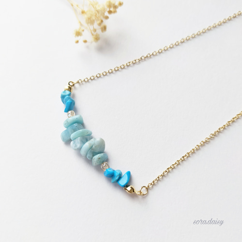 ラリマー・練りターコイズのさざれネックレス 天然石 ♪14 ネックレス