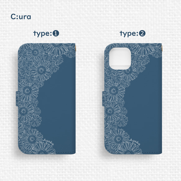 送料無料★向日葵レース模様のAndroid手帳型スマホケース ネイビーブルー 全機種対応 夏 ひまわり 青 紺 可愛い 7枚目の画像