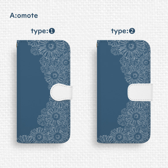送料無料★向日葵レース模様のAndroid手帳型スマホケース ネイビーブルー 全機種対応 夏 ひまわり 青 紺 可愛い 2枚目の画像