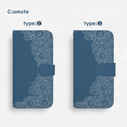 送料無料★向日葵レース模様のAndroid手帳型スマホケース ネイビーブルー 全機種対応 夏 ひまわり 青 紺 可愛い 4枚目の画像