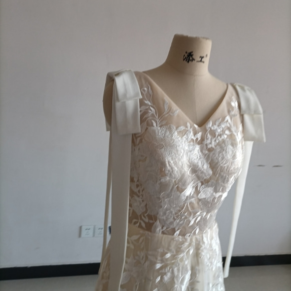 V領連衣裙全蕾絲淺香檳色婚紗古典可拆卸絲帶夢幻禮服 第2張的照片