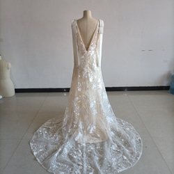 V領連衣裙全蕾絲淺香檳色婚紗古典可拆卸絲帶夢幻禮服 第4張的照片