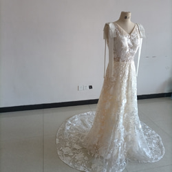 V領連衣裙全蕾絲淺香檳色婚紗古典可拆卸絲帶夢幻禮服 第3張的照片