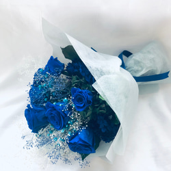 プリザーブドフラワーブルーローズ花束（花束ラッピング） 2枚目の画像