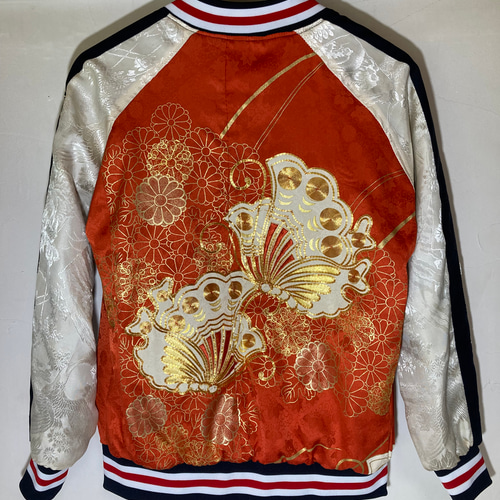 着物リメイクスカジャン リバーシブル 振袖リメイク 蝶々 オレンジ 駒