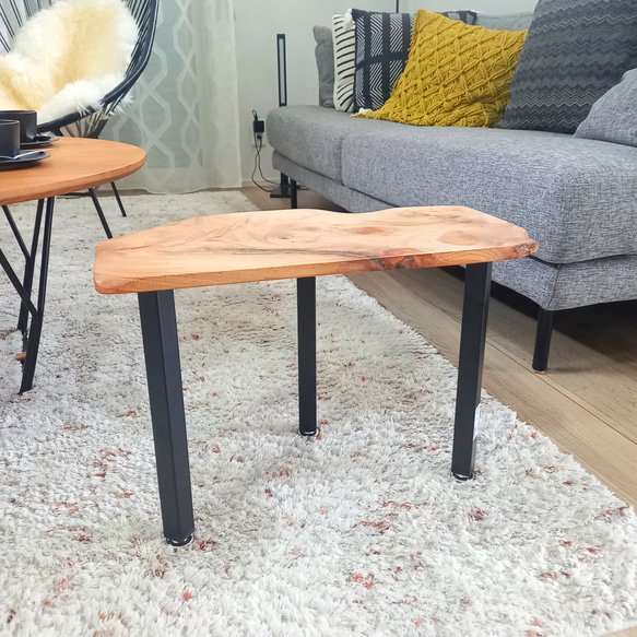 サイドテーブル 欅 無垢材 玉杢 アイアン 脚 ローテーブル
