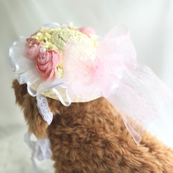 犬麦わら帽子≪フリルピンク≫　写真撮影　犬猫アクセサリー　トリミング　ヘッドアクセ　夏のお出かけ　誕生日 3枚目の画像