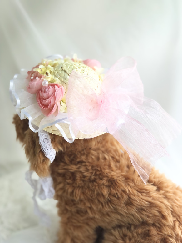 犬麦わら帽子≪フリルピンク≫　写真撮影　犬猫アクセサリー　トリミング　ヘッドアクセ　夏のお出かけ　誕生日 3枚目の画像