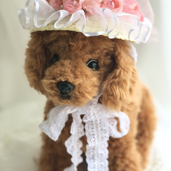 犬麦わら帽子≪フリルピンク≫　写真撮影　犬猫アクセサリー　トリミング　ヘッドアクセ　夏のお出かけ　誕生日 2枚目の画像