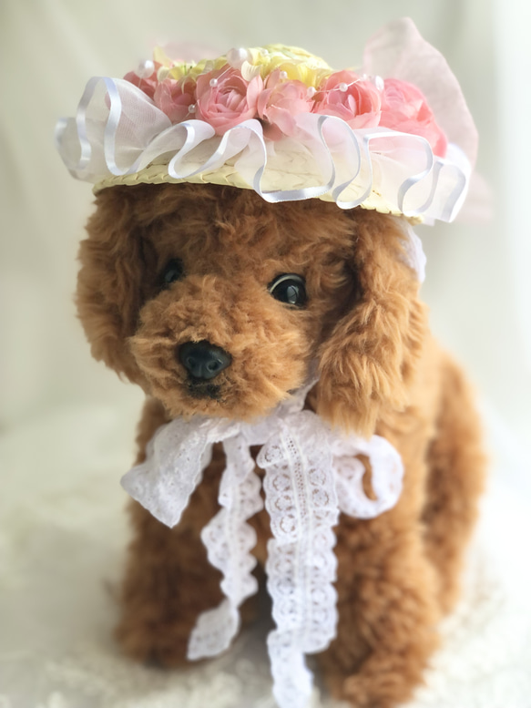 犬麦わら帽子≪フリルピンク≫　写真撮影　犬猫アクセサリー　トリミング　ヘッドアクセ　夏のお出かけ　誕生日 2枚目の画像