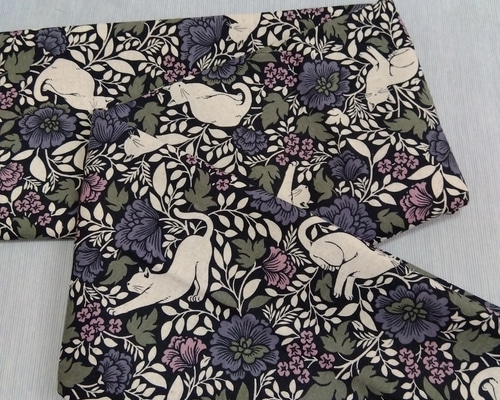 猫と植物柄 半幅帯＆半衿セット【セミオーダー】 和装小物（帯・半襟  