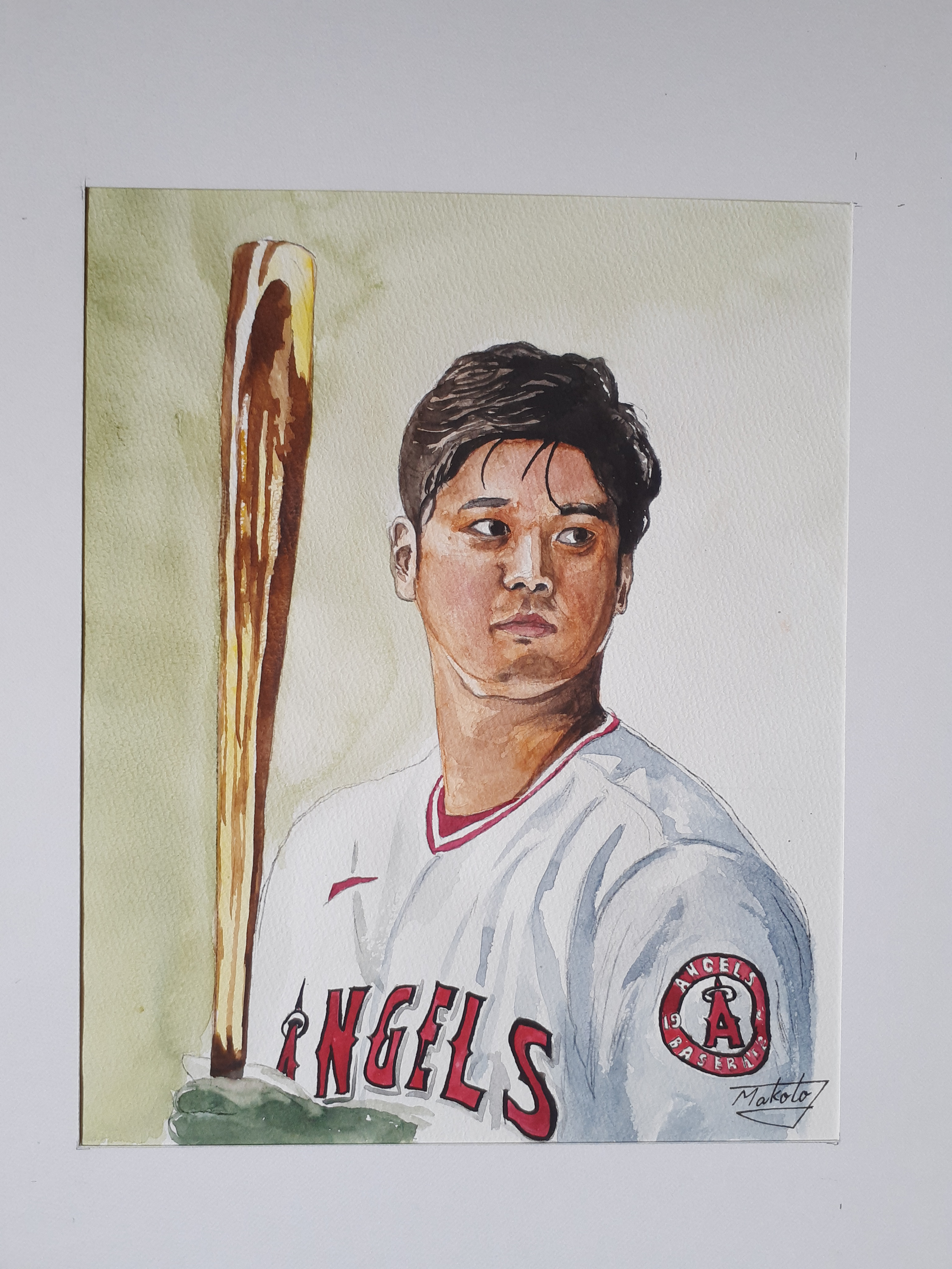 【真作保証】大谷翔平選手、似顔絵、色紙、水彩画、永久保存版、銘「MIZ」有、額付
