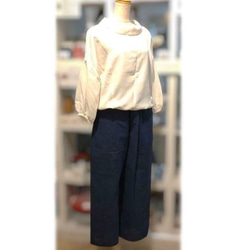 109錐形褲寬褲Shijira Weave海軍藍平紋x多色條紋棉 第1張的照片