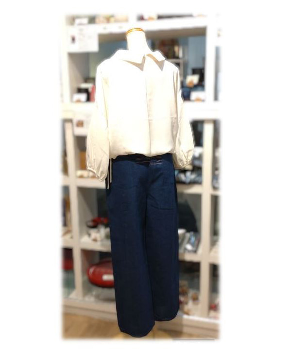 109錐形褲寬褲Shijira Weave海軍藍平紋x多色條紋棉 第2張的照片