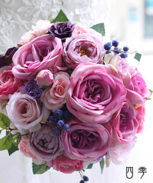 ブーケ 造花 ラウンド 2タイプ リゾート ピンク モーブ ウェディング 結婚式 海外挙式  送料無料 B_0214 8枚目の画像