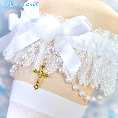 おりぼん付きガーター パール ハートチャーム付き5個セット 受注生産