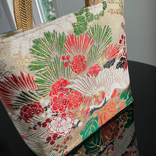 帯リメイクバッグ 鶴と花々 丸帯 トートバッグ 和装バッグ 帯