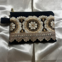 user_ffb2b6f0 おまとめ インド刺繍リボン×合皮 ポーチ インド刺繍リボンのミニポーチ/生成×ブルーチュール ポーチ