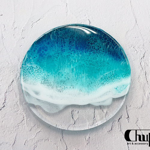 青い海と空のアートプレート エポキシレジン 海アート 丸形アクリルプレート その他
