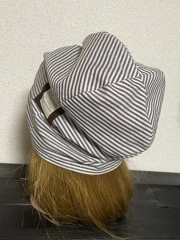 C-54❤︎【オーダー制作品】ブラウンボーダー柄❤︎薄手帽子　医療用帽子　笑顔になれるma-mignon＊の帽子 6枚目の画像