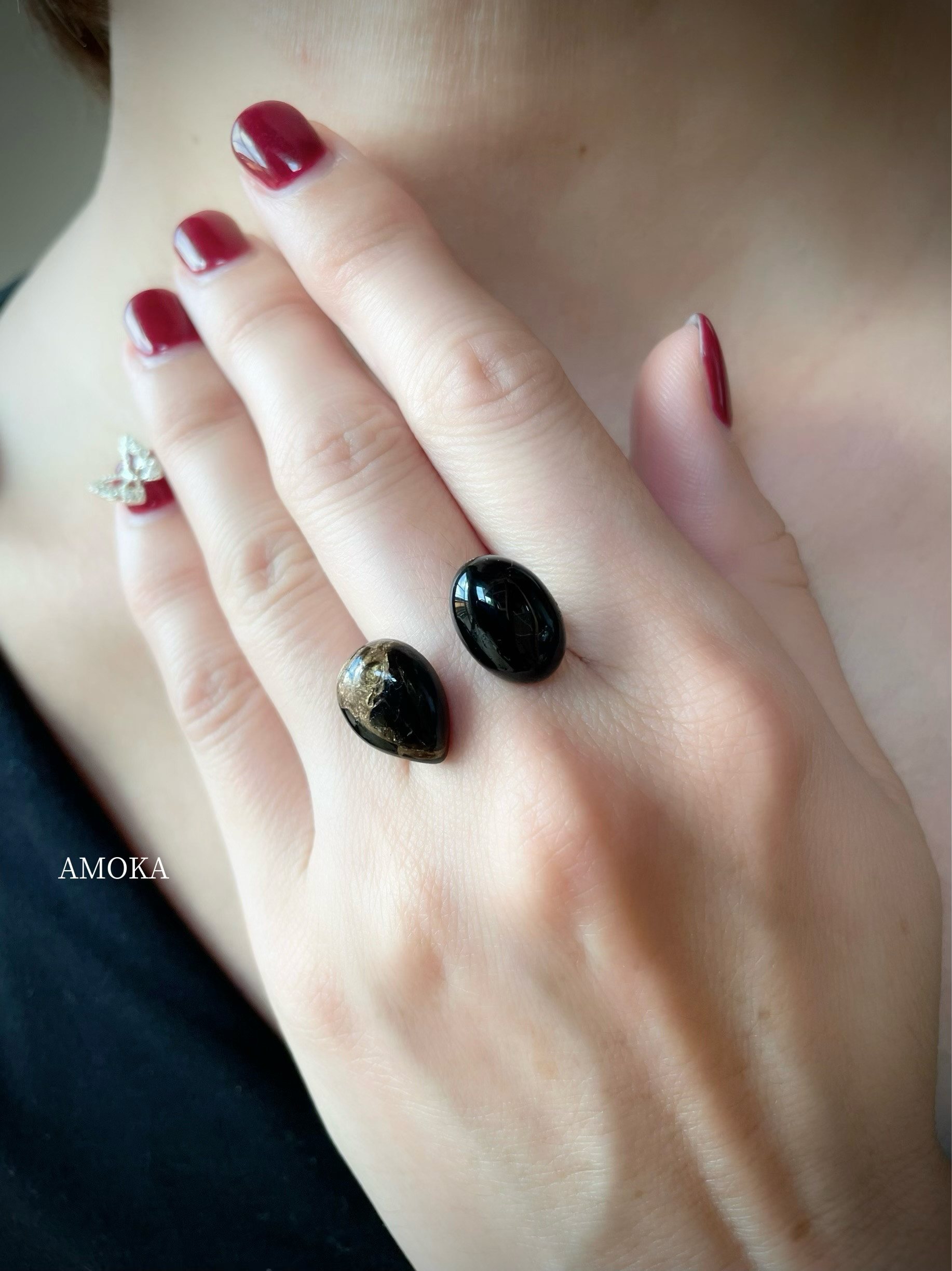 【シックでお洒落好きな貴女へ】コッパーオブシディアン×ブラックオニキス　天然石フォークリング　春アクセサリー