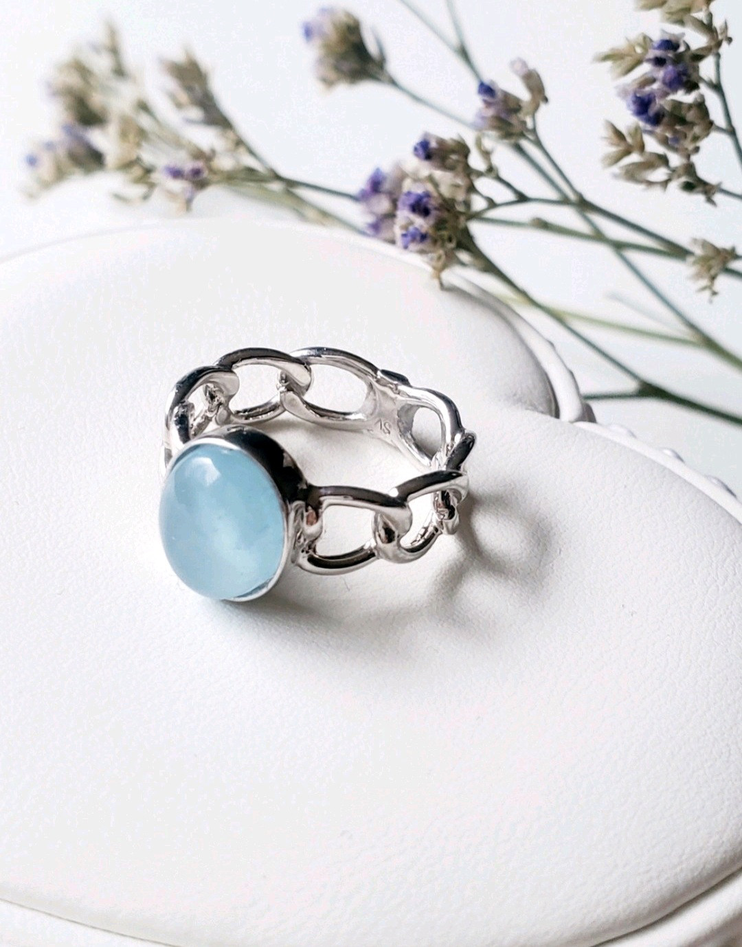 個性的なシルバーチェーンリングミルキーアクアマリン天然石RS-234