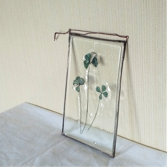 「Botanical Card/緑の四つ葉クローバー」ガラス　植物標本　オーナメント 4枚目の画像