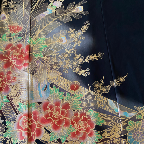 着物リメイク 牡丹に鳳凰羽 黒留袖ドレス Aライン ハンドメイド