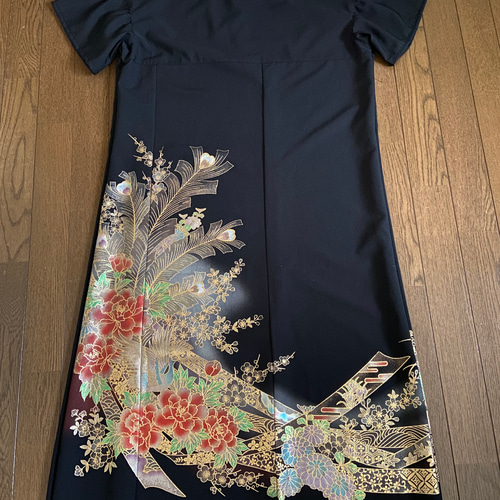 着物リメイク浮世絵Aライン前あきドレス 着物リメイクAライン前あきドレス （着物リメイク浮世絵Aライン