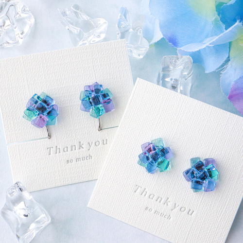 大)ガラスの紫陽花寒天ピアス イヤリング 和菓子 ガラス 紫陽花 夏