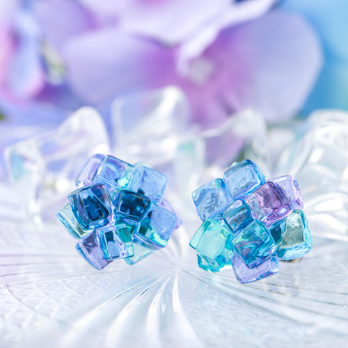 大)ガラスの紫陽花寒天ピアス イヤリング 和菓子 ガラス 紫陽花