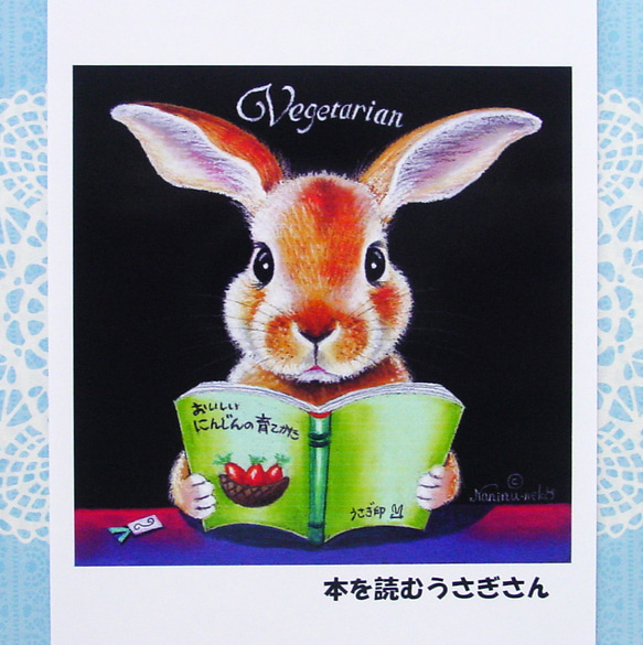 ウサギさんのポストカード４点・はじめまして・みつけた！・おすそわけ・本を読むうさぎさん・パステル画・光沢はがき・ふんわり 1枚目の画像