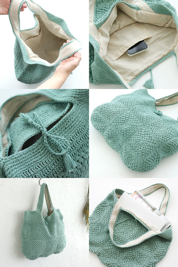 オールシーズン使える！コットンクロシェニット 大きなトートバッグ 内布付きで便利さ倍増 （ミントグリーン) 15枚目の画像