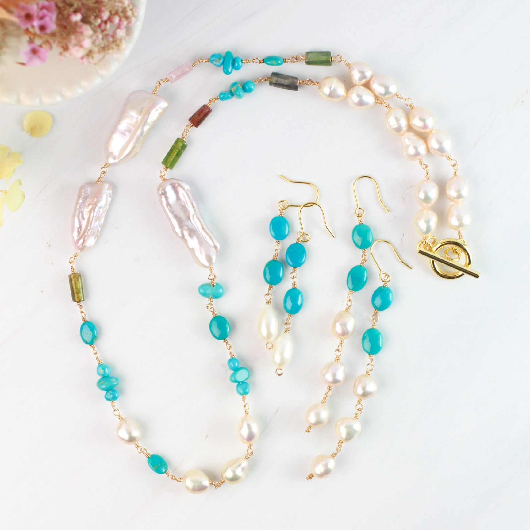 【超高品質】ナチュラル淡水パール　ターコイズ　マンテルネックレス