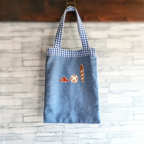 一点物】刺繍の3種類のパン ミニトートバッグ 縦長 リバーシブル