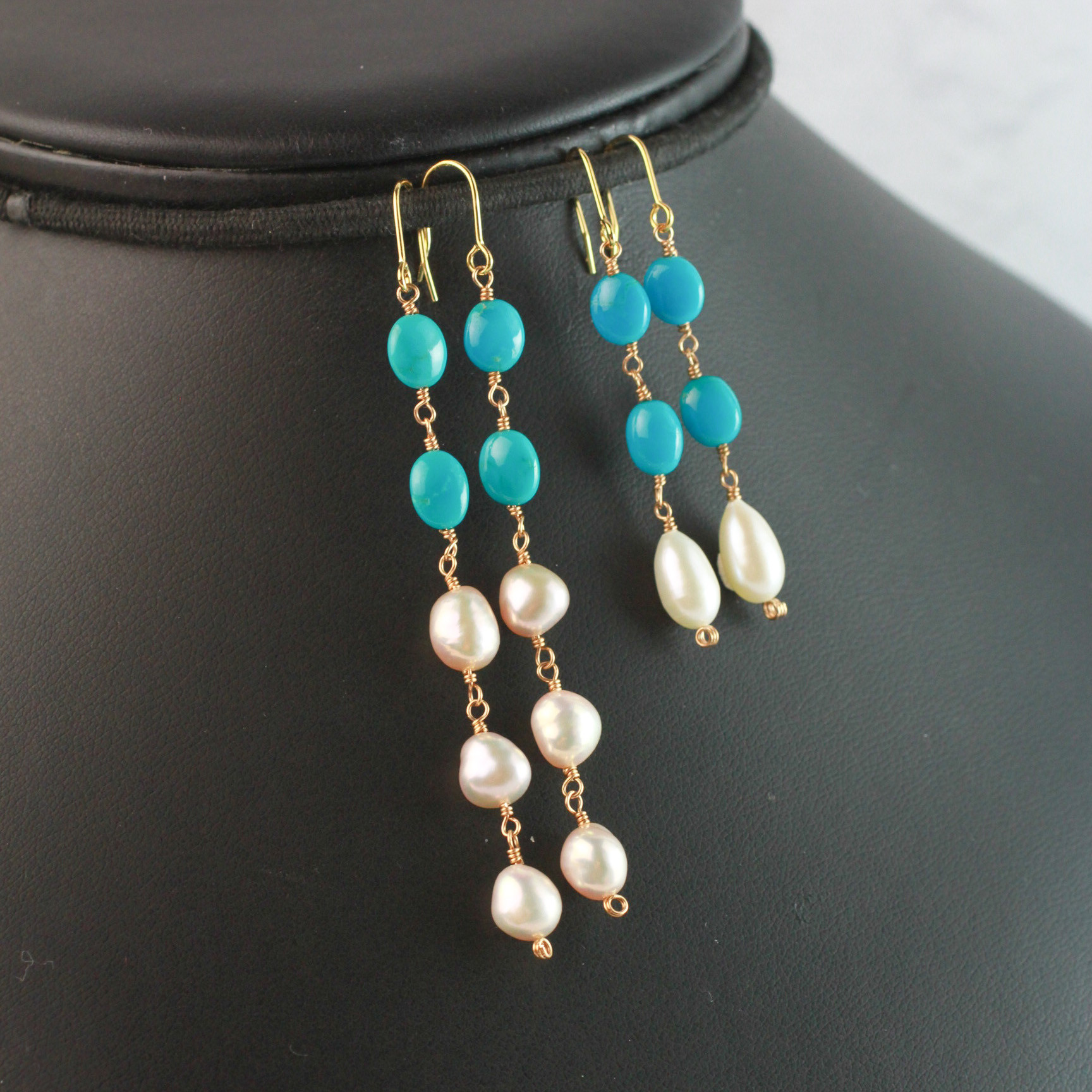【超高品質】ナチュラル淡水パール　ターコイズ　耳飾り
