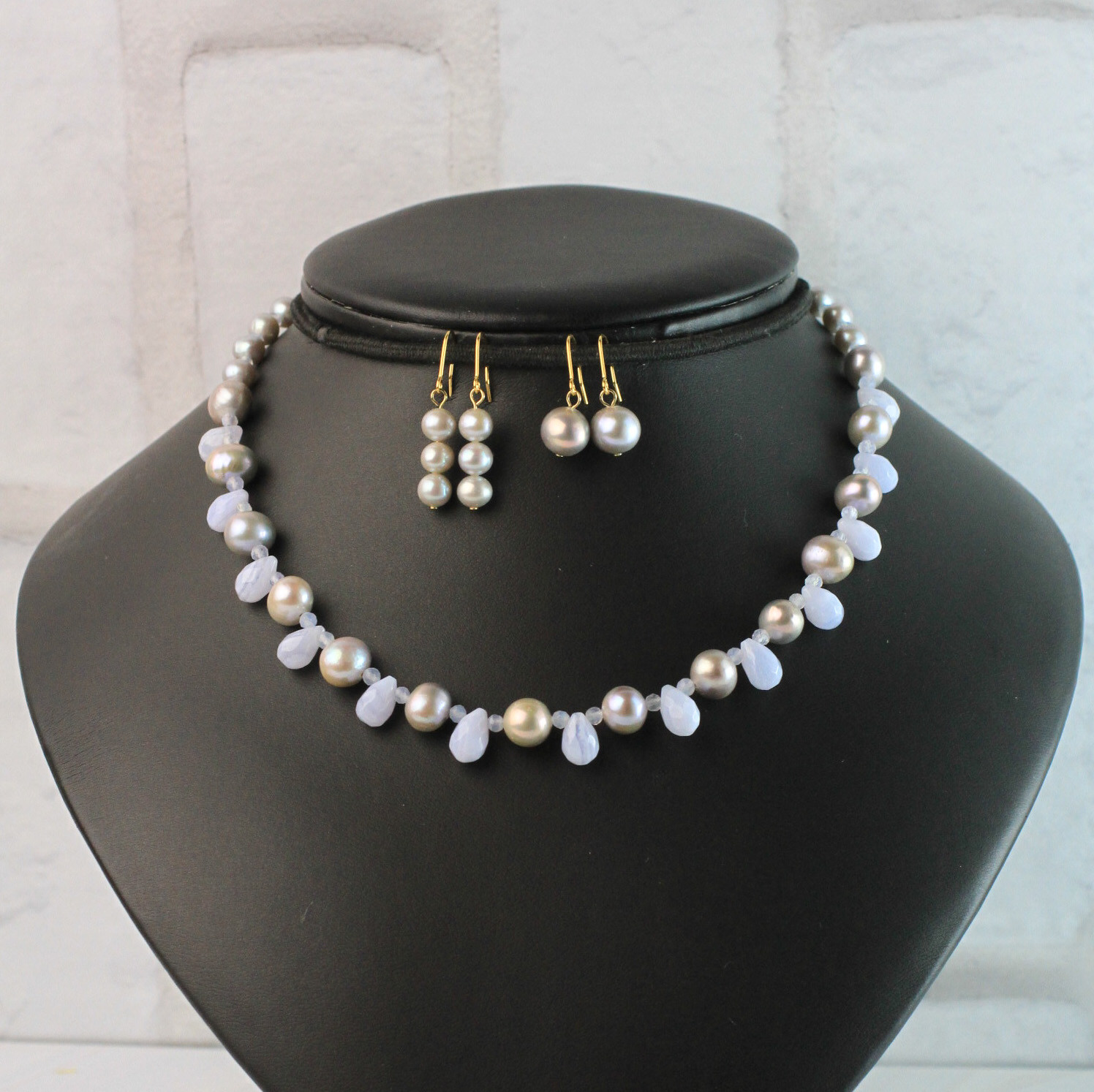 【福袋3点セット】ブルーレースアゲート  パール 耳飾り・ネックレス