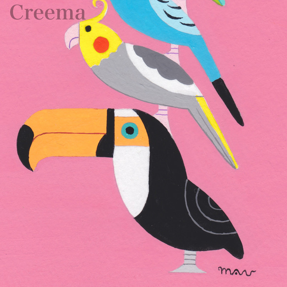 原画「ポップな小鳥ブレーメン ライトマゼンダ」アート　絵画 5枚目の画像