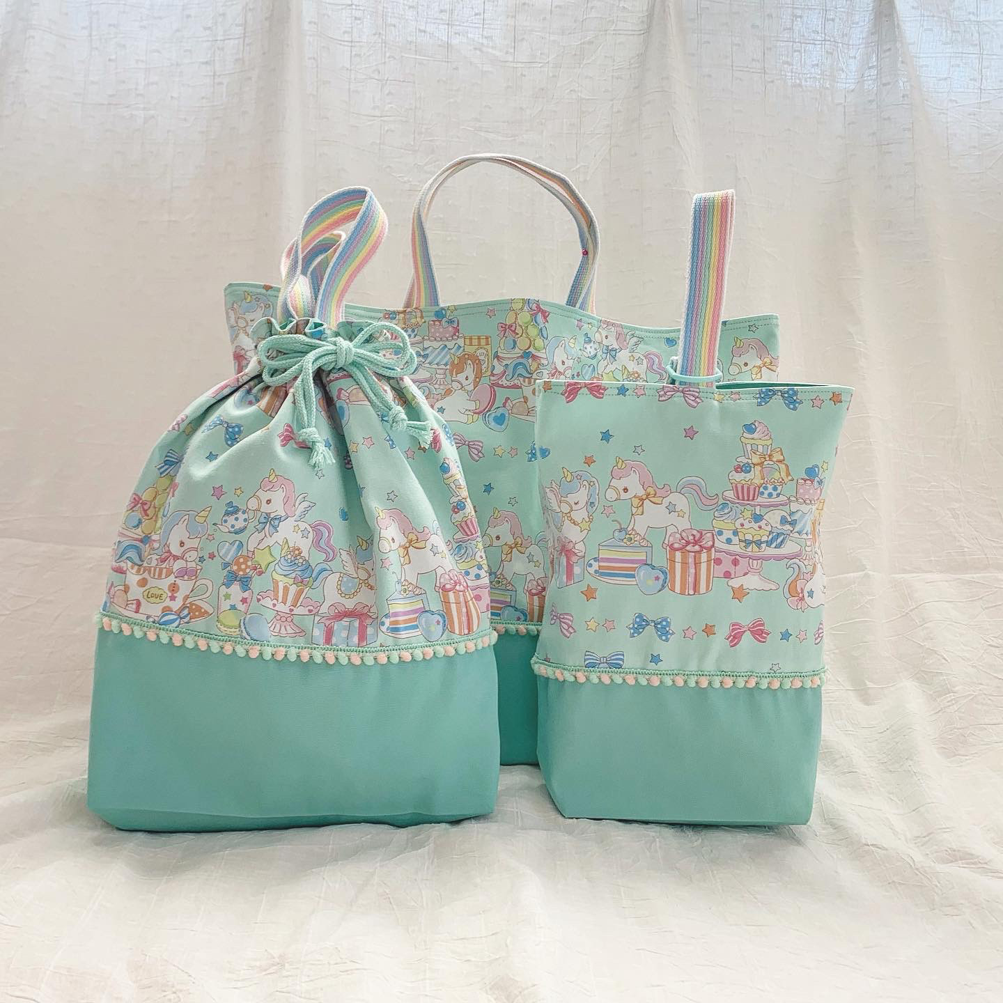 再販4‼︎新作‼︎入園入学3点セット♪ユニコーンパーティ♪ミント（受注制作）