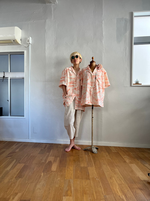 東海道五十三次図柄アロハ絹　100%アロハシャツ　着物リユースアロハ　　和製アロハ 14枚目の画像