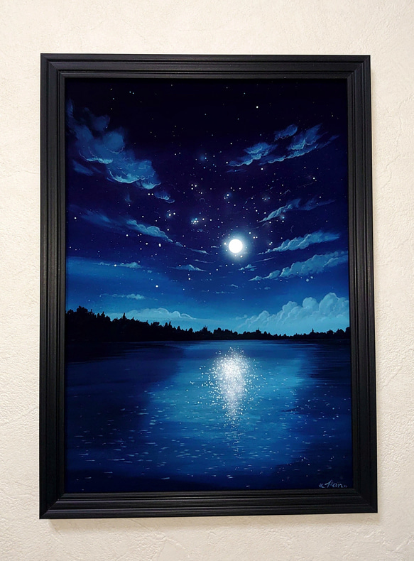 風景画 『月と海』 ／原画 一点物 水彩画 手描き ※額縁等は