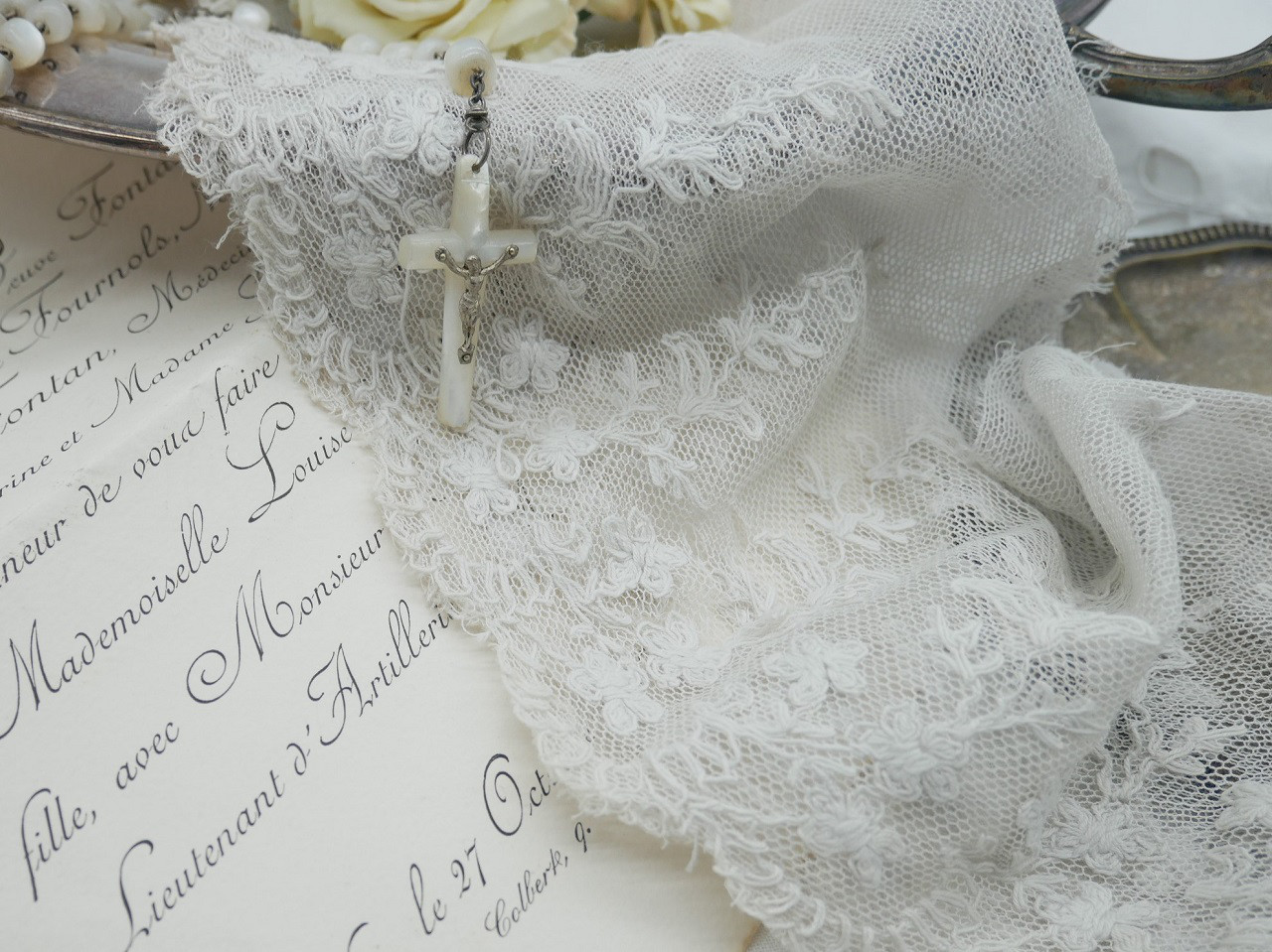 フランス購入　アンティーク　レースクロス　スカラップ