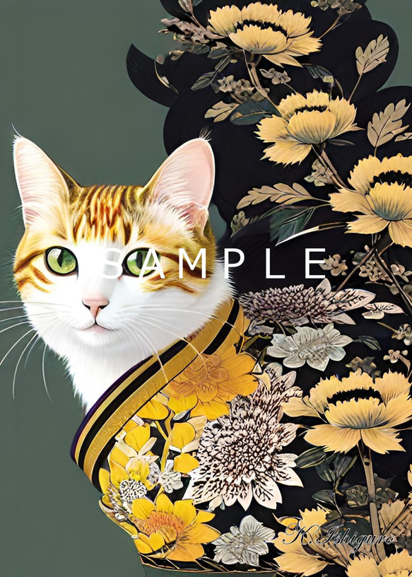 猫の絵　花 猫 絵画 子猫 イラスト 水彩色鉛筆 油彩色鉛筆 原画 ガーベラと