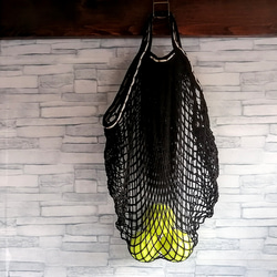 刺繍の飾り　ネットバッグ　マルシェバッグ　メッシュバッグ　エコバッグ　黒 5枚目の画像